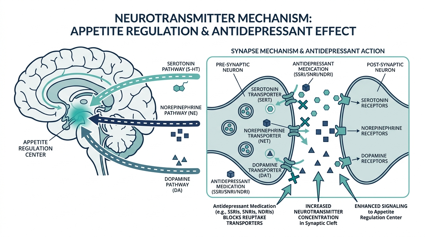Diagram of serotonin, norepinephrine, and dopamine acting on the brain's appetite regulation center
