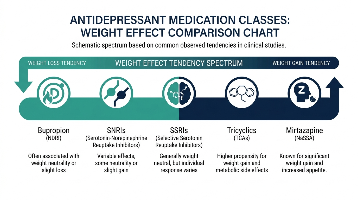 Comparison chart of antidepressant classes plotted from weight loss tendency to weight gain tendency