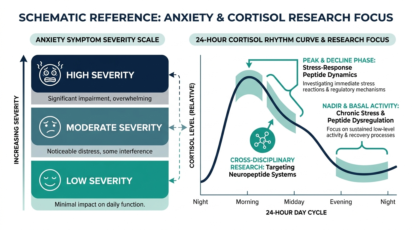 Reference chart of anxiety symptom severity bands alongside a 24-hour cortisol rhythm curve