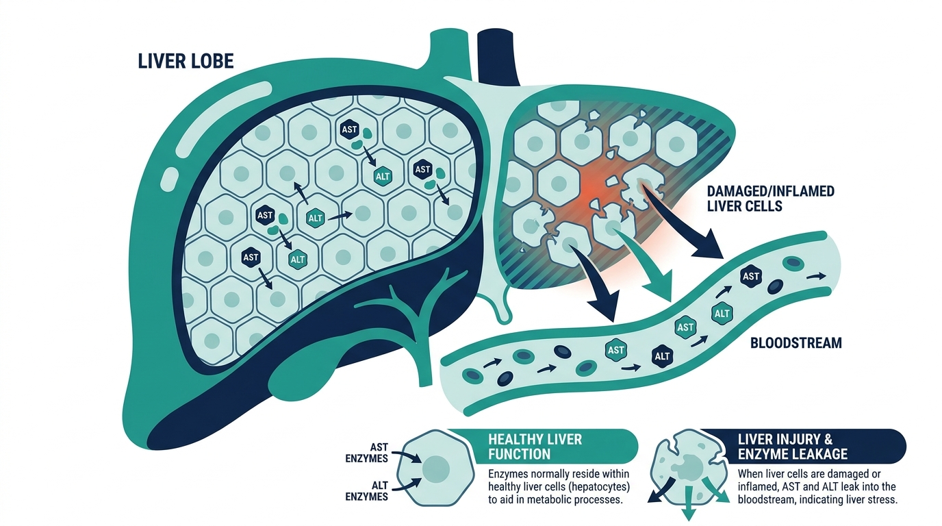 Diagram of liver hepatocyte cells releasing AST and ALT enzymes into the bloodstream when liver cells are damaged