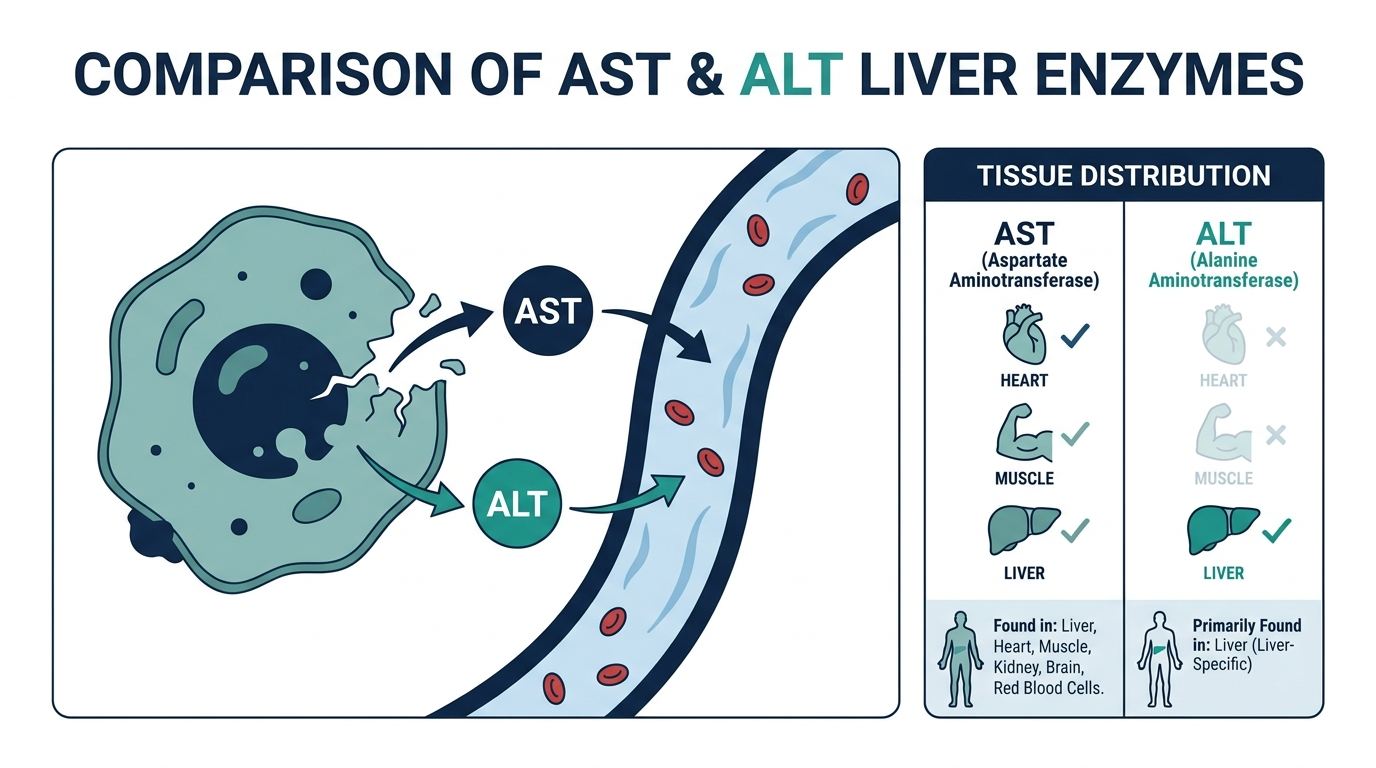 Diagram comparing AST and ALT liver enzymes showing AST also present in heart and muscle while ALT is liver-specific