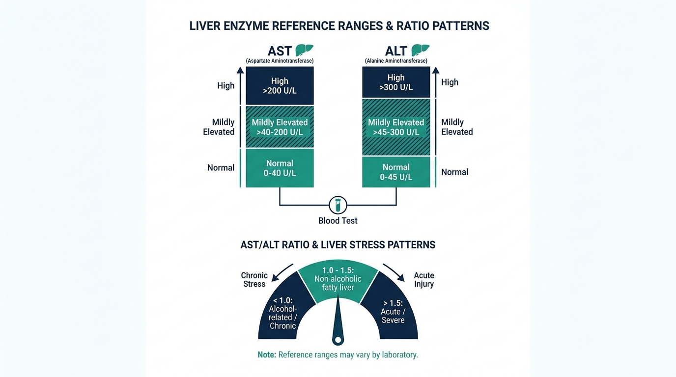 Chart comparing AST and ALT reference range bands and an AST/ALT ratio gauge for liver stress patterns