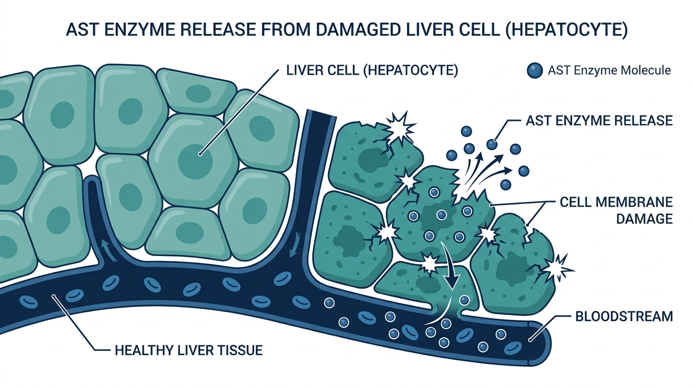 Diagram of a damaged liver cell releasing AST enzyme into the bloodstream