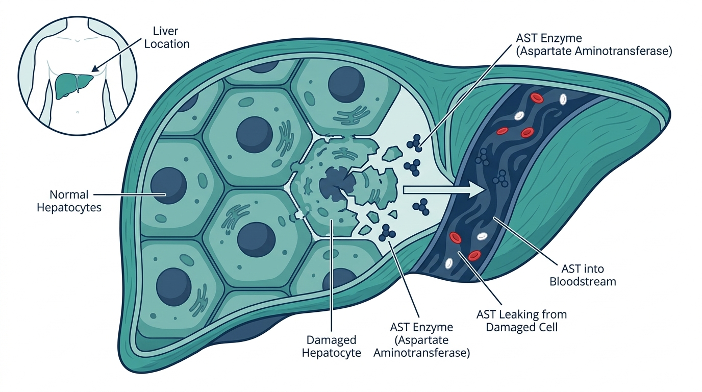Diagram of liver hepatocytes releasing AST enzyme into the bloodstream when liver cells are damaged