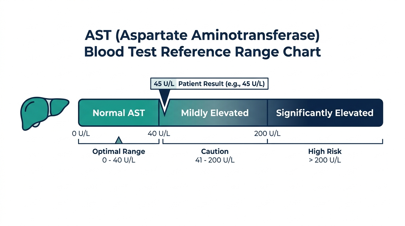 Reference range chart showing normal, mildly elevated, and significantly elevated AST blood test bands