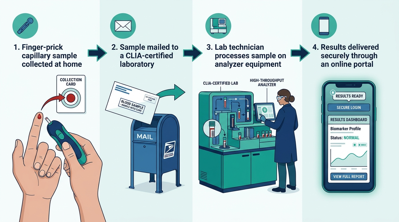 Process diagram showing how an at-home blood test kit works, from finger-prick collection to lab processing to online results