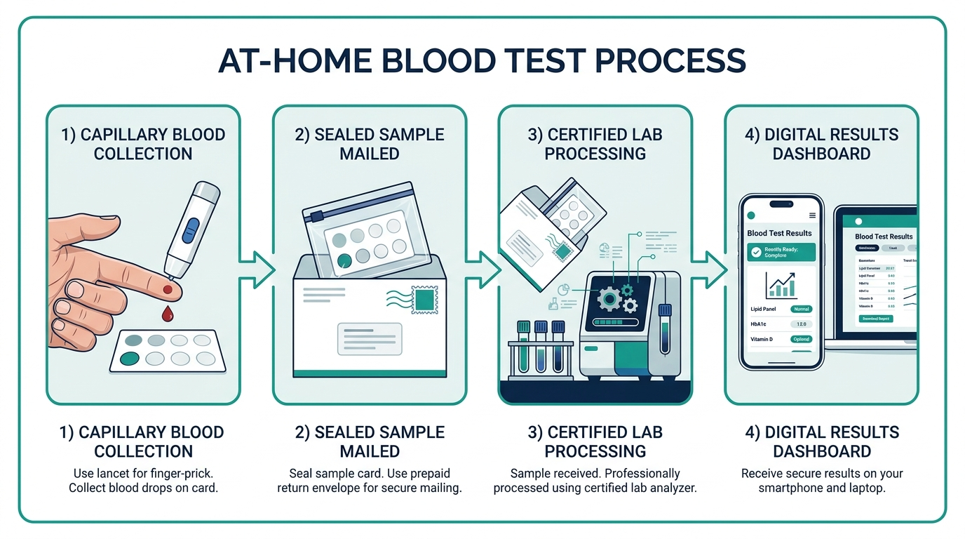 Diagram of the at-home blood test process from finger-prick collection to lab results