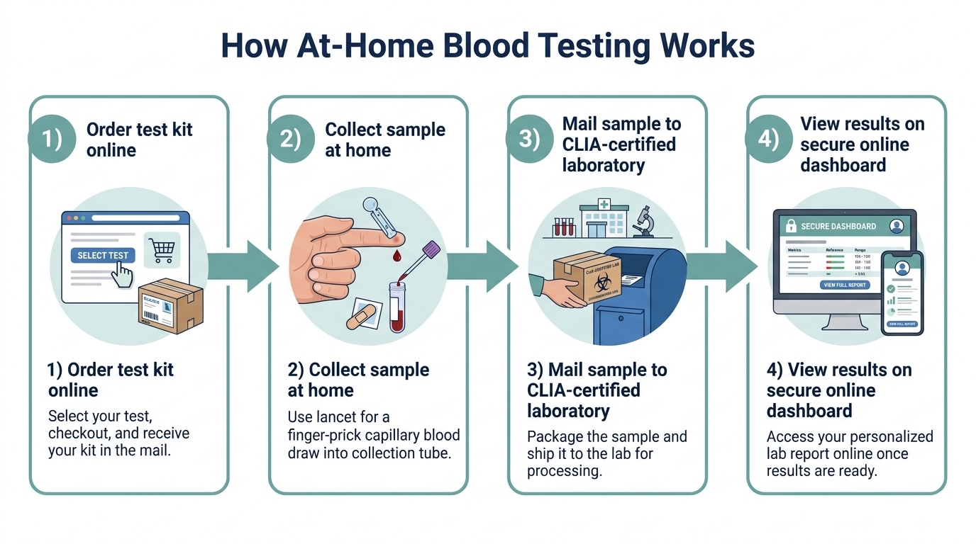 Diagram of the at-home blood testing process from ordering a kit to viewing results online