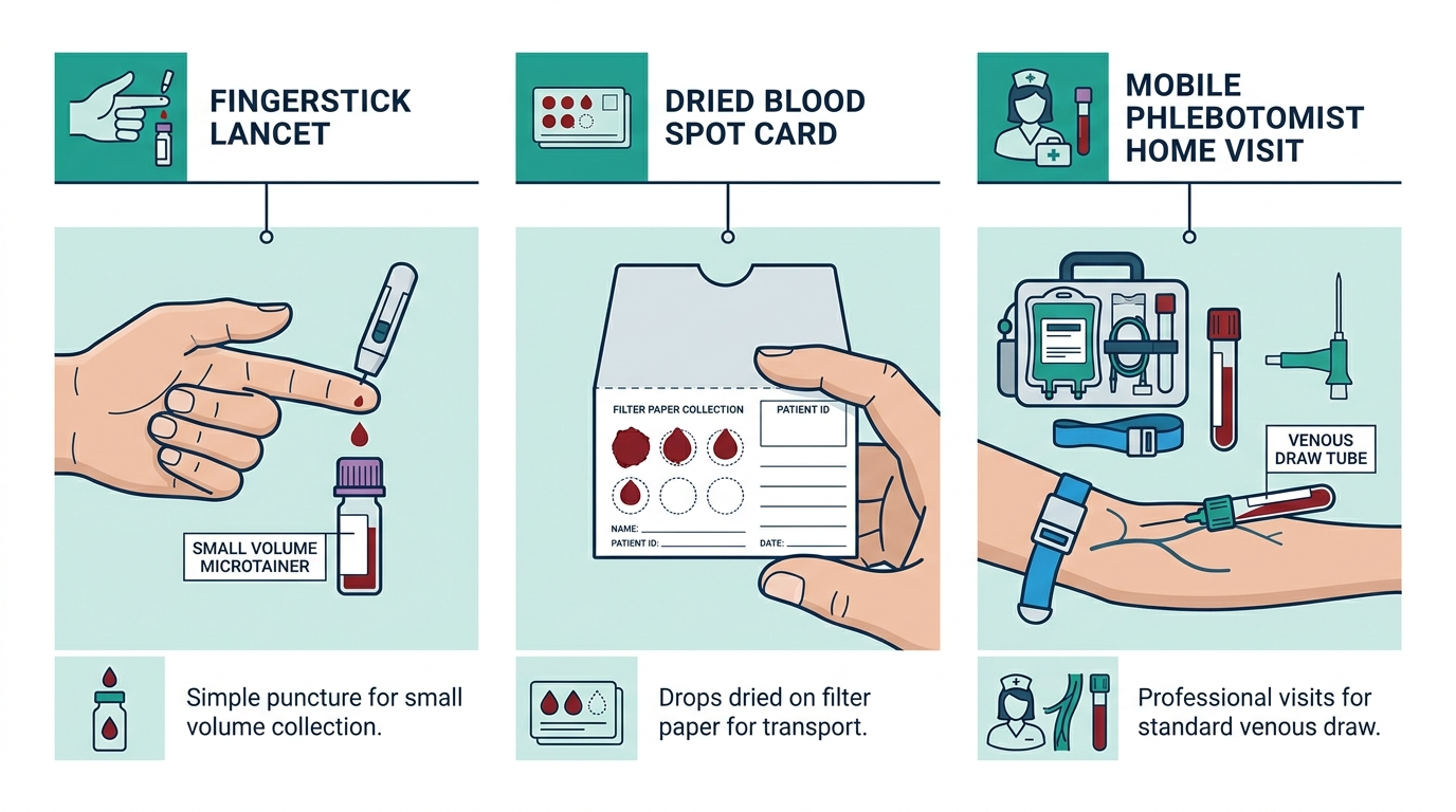 Diagram of three at-home blood collection methods: fingerstick, dried blood spot card, and mobile phlebotomist venous draw