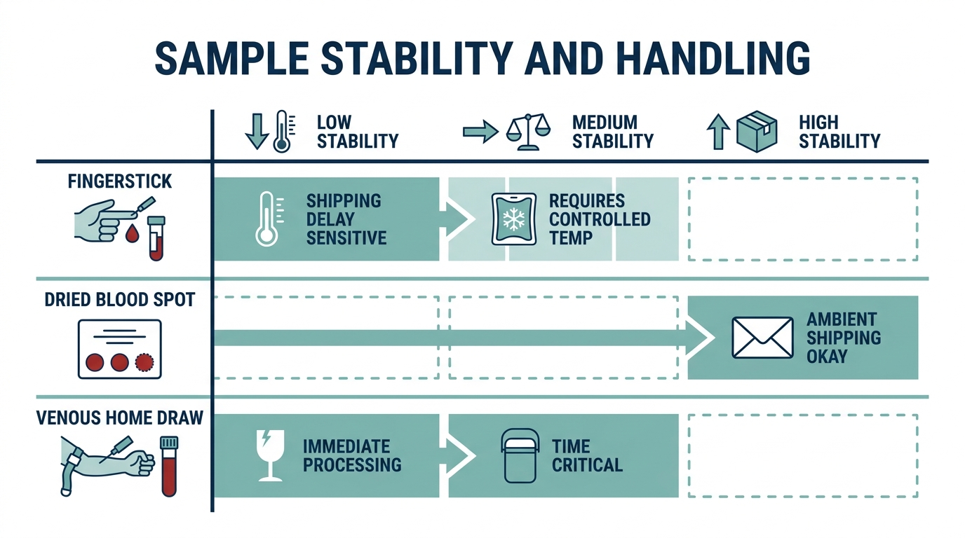 Schematic chart showing low, medium, and high sample stability bands for fingerstick, dried blood spot, and venous home draw