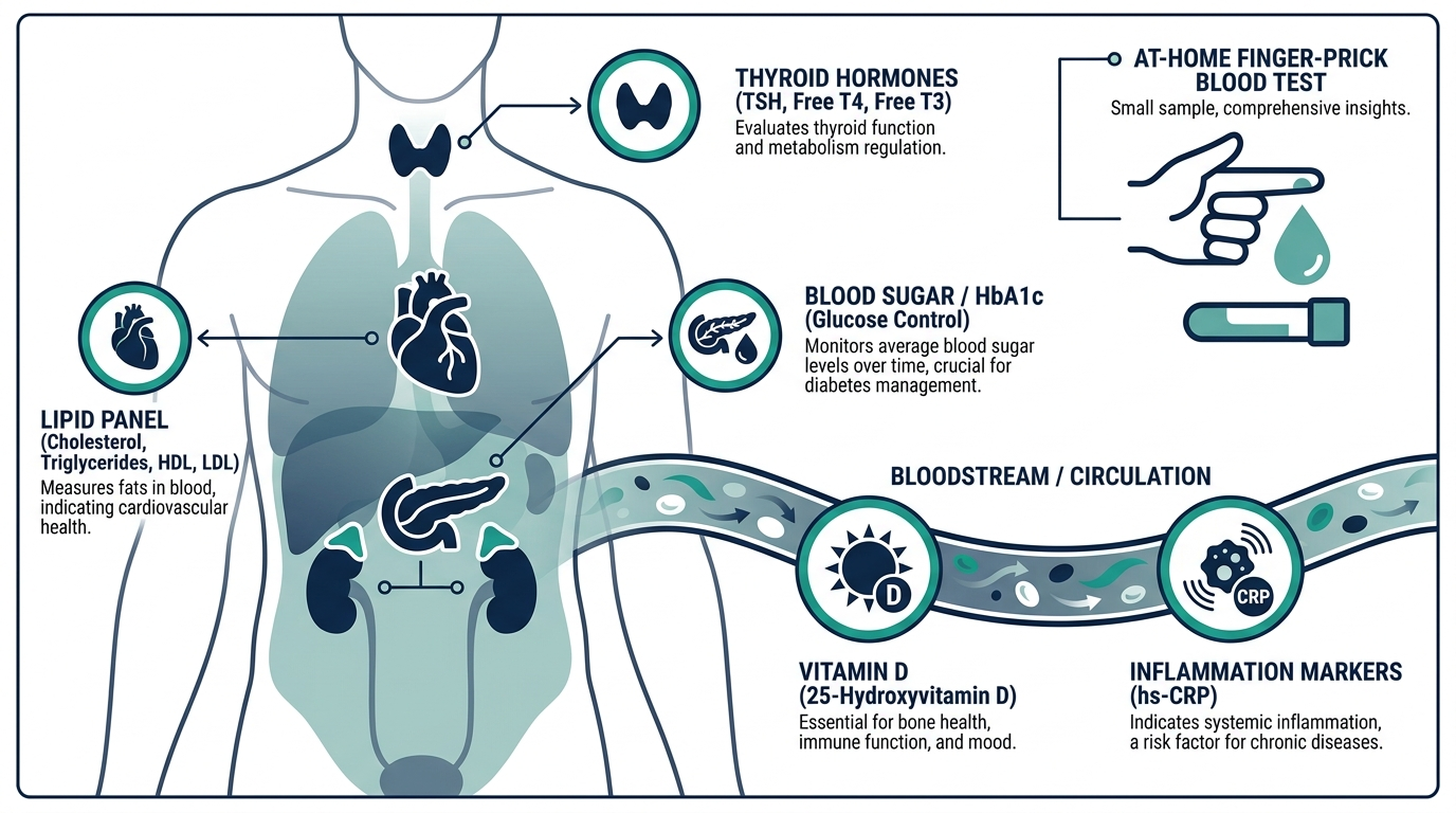Diagram of a human torso showing the main biomarker categories measured by at-home finger-prick blood tests