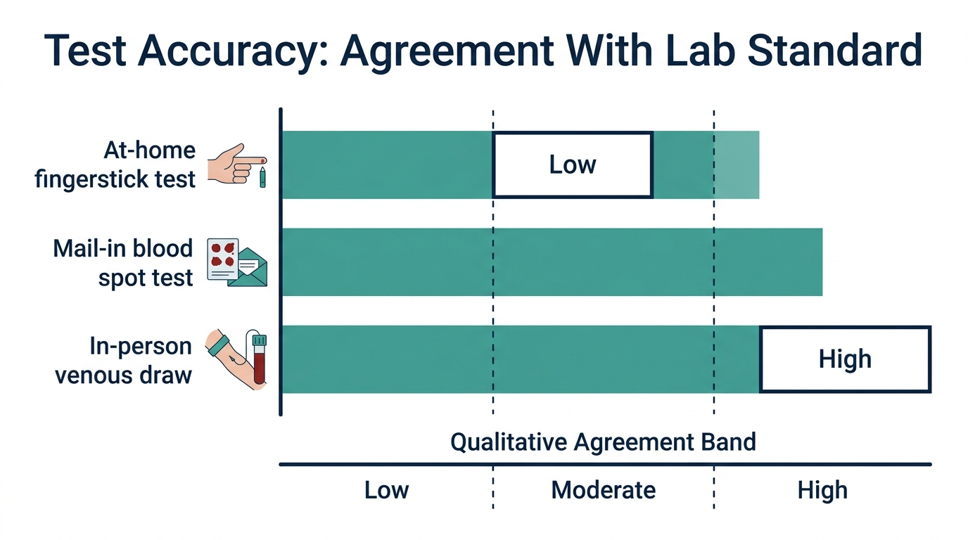Schematic chart showing low, moderate, and high agreement bands for fingerstick, mail-in, and venous blood test accuracy