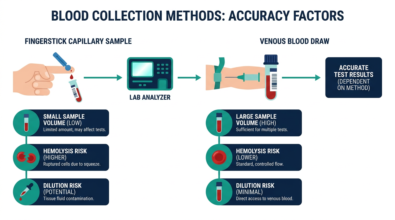 Diagram comparing a fingerstick capillary blood sample and a venous blood draw, both routed to a lab analyzer
