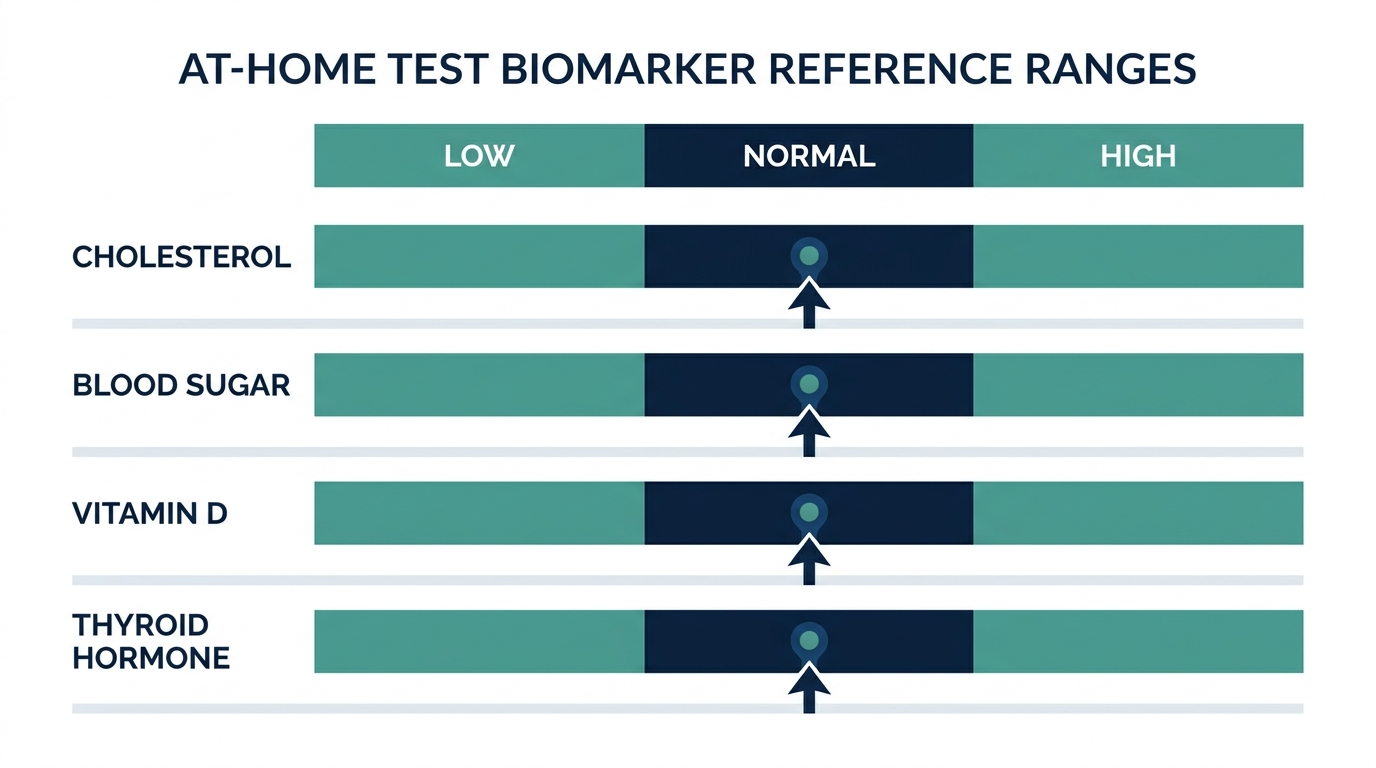 Schematic reference-range chart showing low, normal, and high bands for common at-home test biomarkers