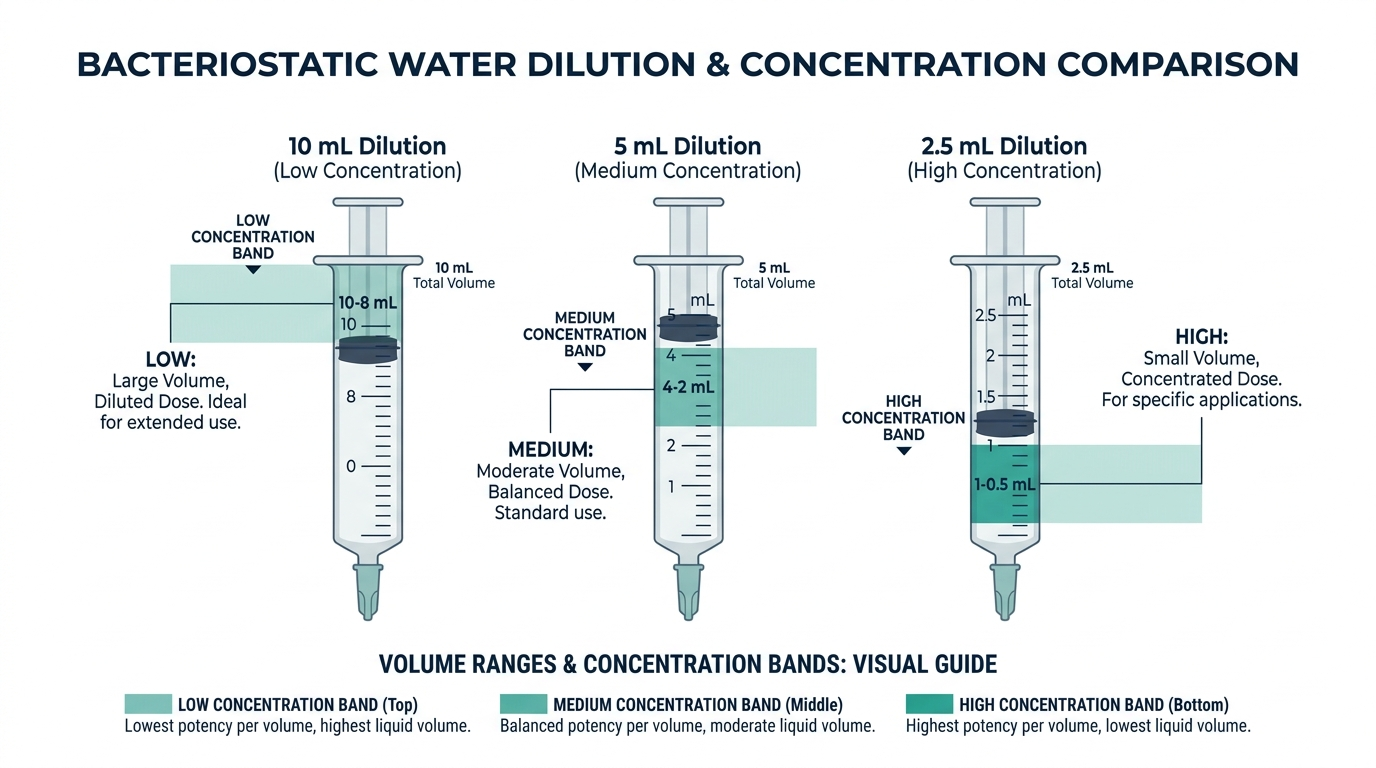 Comparison chart of three syringes showing how different bacteriostatic water volumes change unit-mark concentration ranges