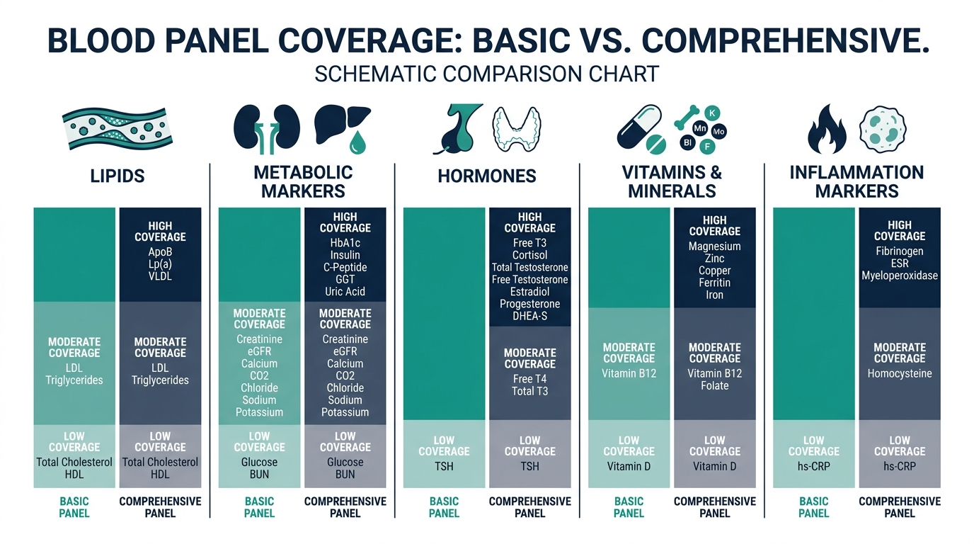 Comparison chart of basic versus comprehensive at-home blood panel coverage by category