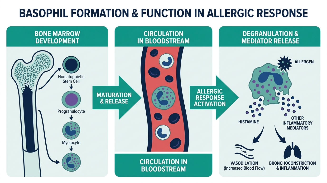Diagram of basophil formation and histamine release during an allergic response