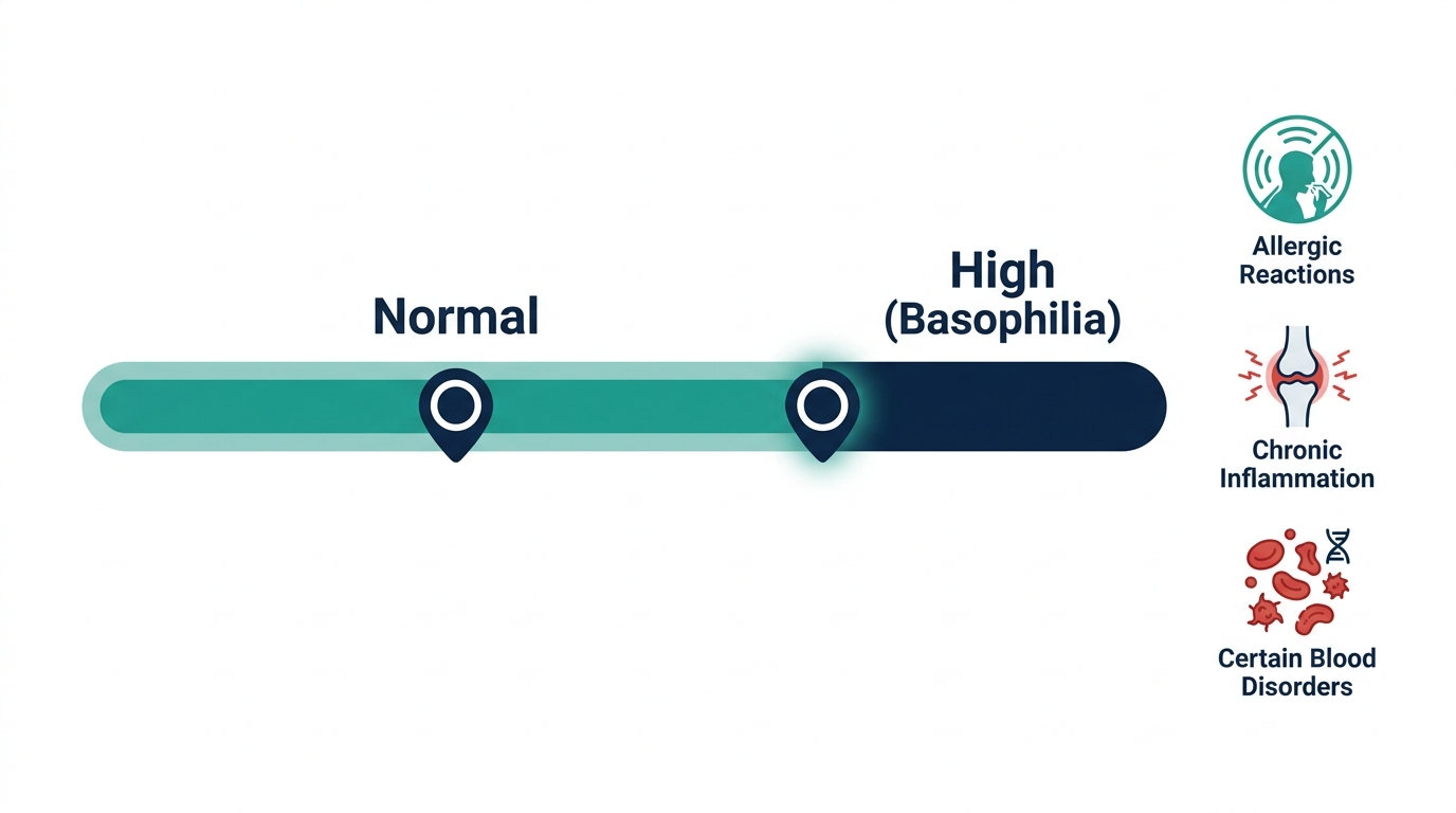 Reference range chart showing normal and high basophil bands with possible causes