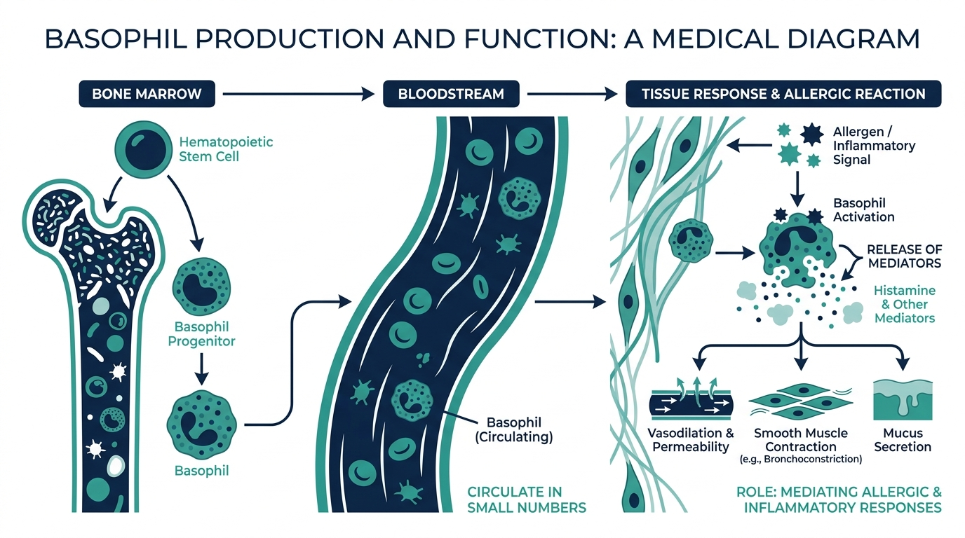 Diagram of basophil production in bone marrow and their role releasing histamine during allergic responses