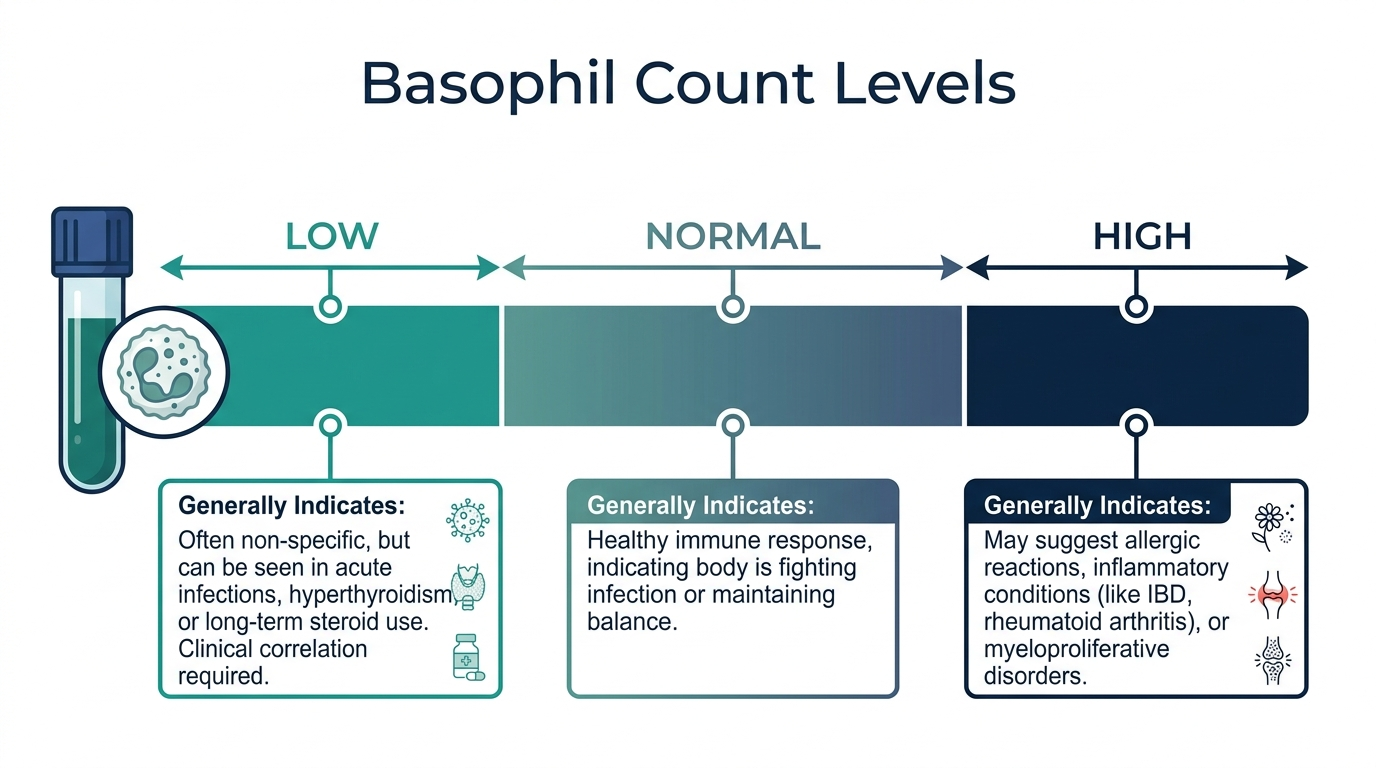 Schematic chart showing low, normal, and high basophil count reference bands