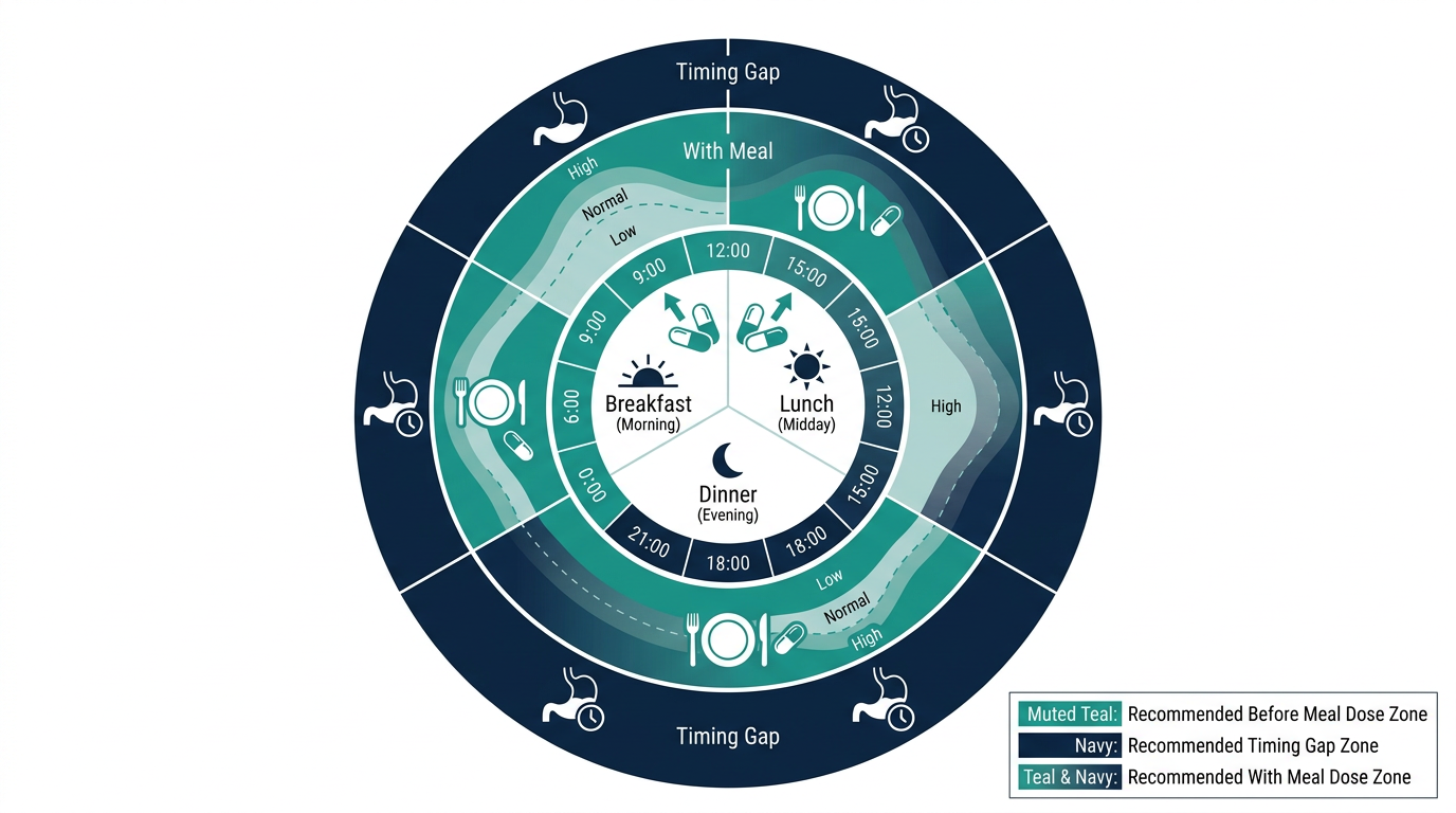 Schematic chart showing typical berberine dosing timing relative to meals across a 24-hour day