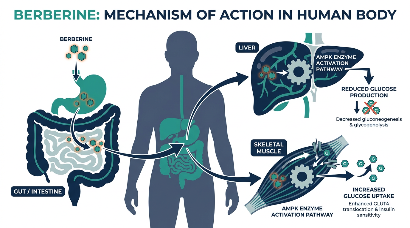Diagram of berberine's mechanism of action showing AMPK enzyme activation in the liver, gut, and muscle