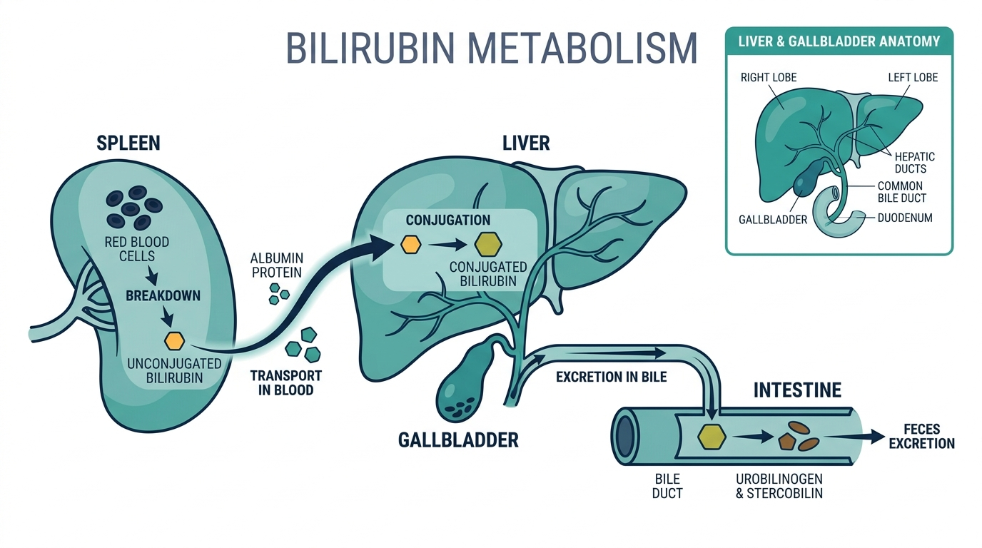 Diagram of bilirubin metabolism showing red blood cell breakdown, liver conjugation, and excretion into the intestine via bile