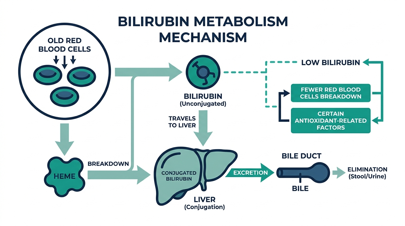 Diagram of bilirubin metabolism from red blood cell breakdown to liver conjugation and excretion, showing factors linked to low bilirubin