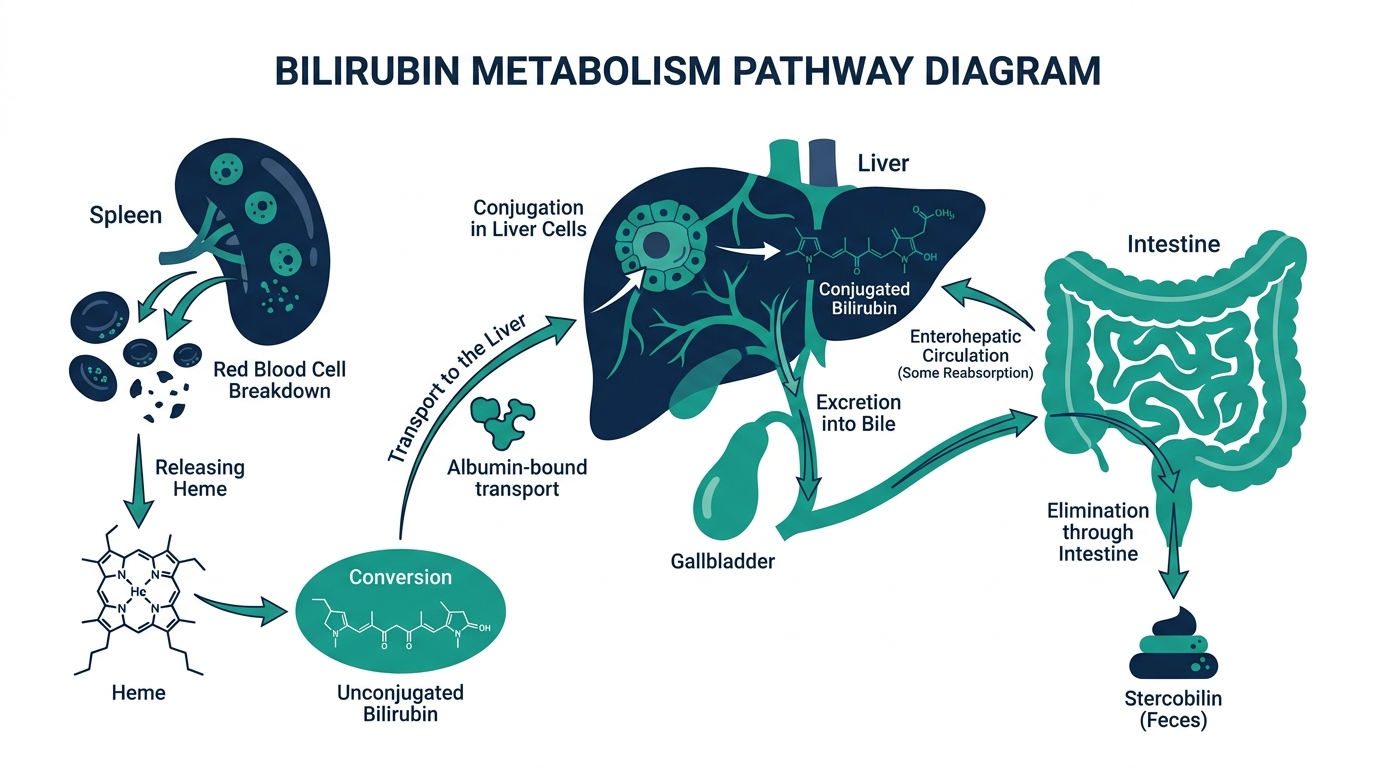 Diagram of bilirubin metabolism pathway from red blood cell breakdown to liver conjugation and excretion