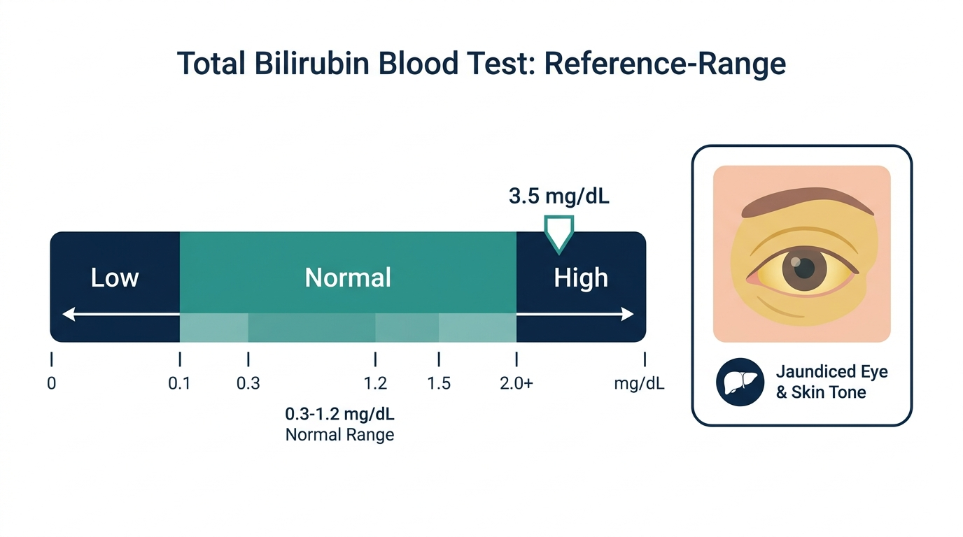 Schematic reference range chart showing low, normal, and high bilirubin levels