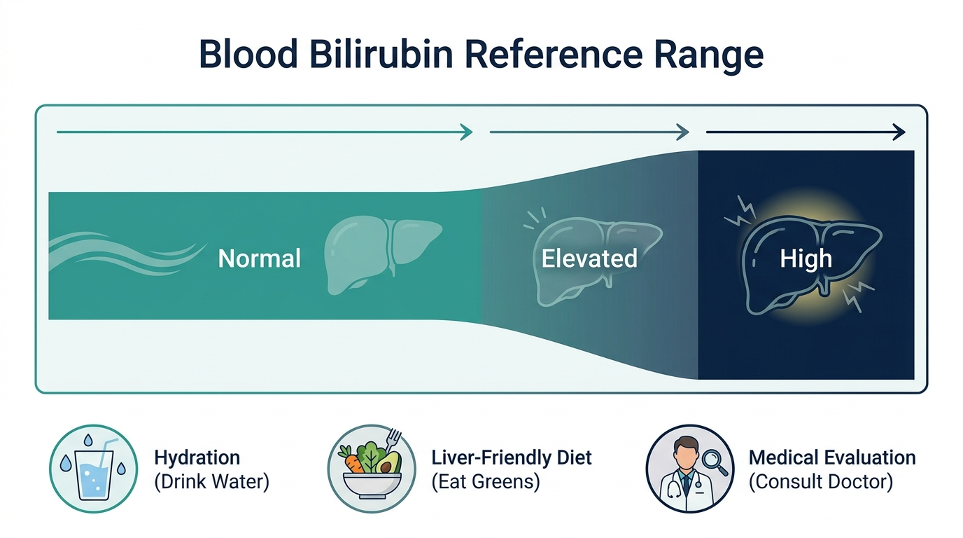 Schematic chart of normal, elevated, and high bilirubin bands with icons for hydration, liver-friendly diet, and medical evaluation