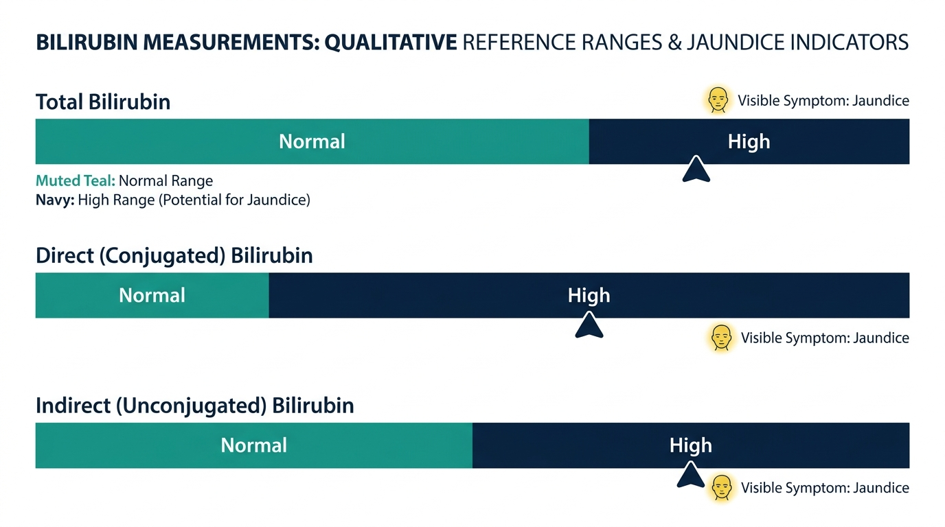 Schematic chart comparing total, direct, and indirect bilirubin reference bands from normal to high