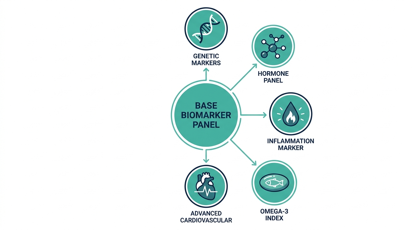 Diagram of a base biomarker panel with connected add-on test categories including genetic, hormone, and cardiovascular markers