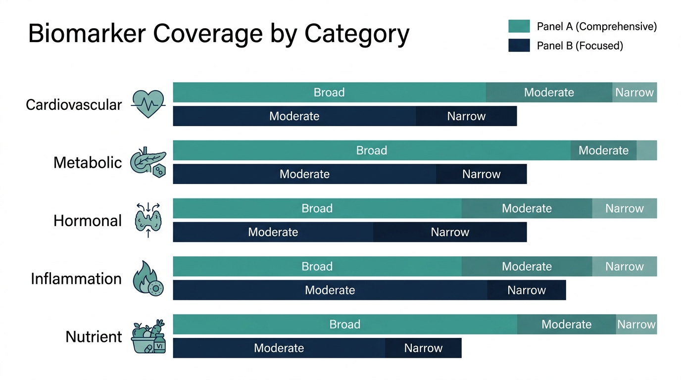 Bar chart comparing biomarker coverage across cardiovascular, metabolic, hormonal, inflammation, and nutrient categories