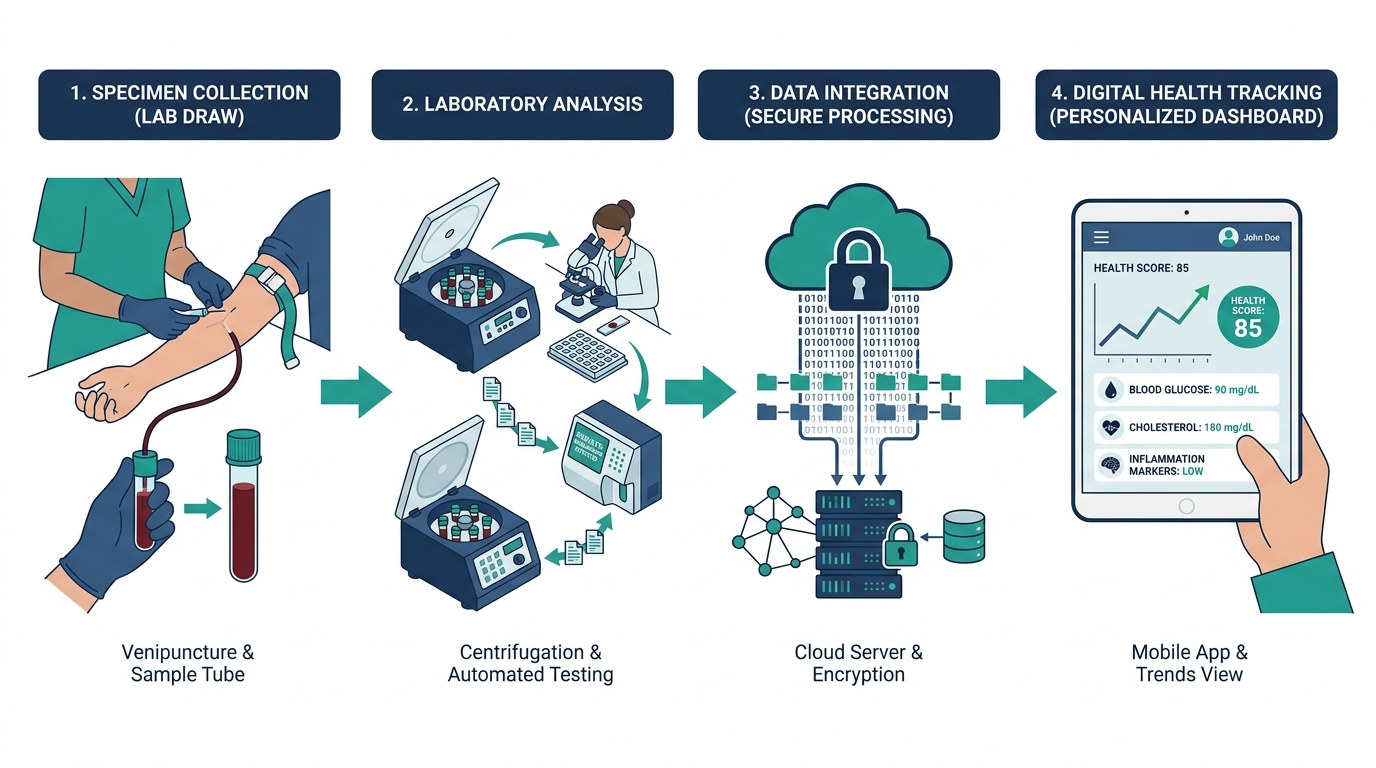 Flow diagram of biomarker data moving from blood draw to lab analysis to a digital tracking dashboard