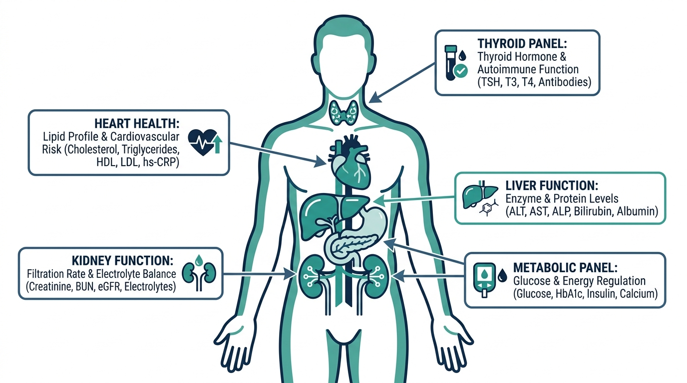 Anatomical body map showing the organ systems covered by a comprehensive blood panel: heart, liver, kidneys, thyroid, and metabolic system