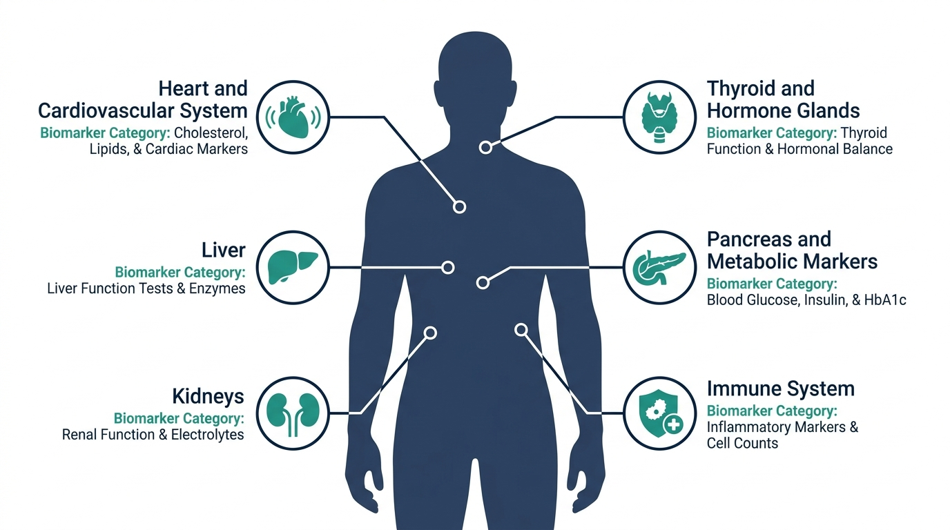 Body diagram showing major organ systems covered by comprehensive blood biomarker testing panels