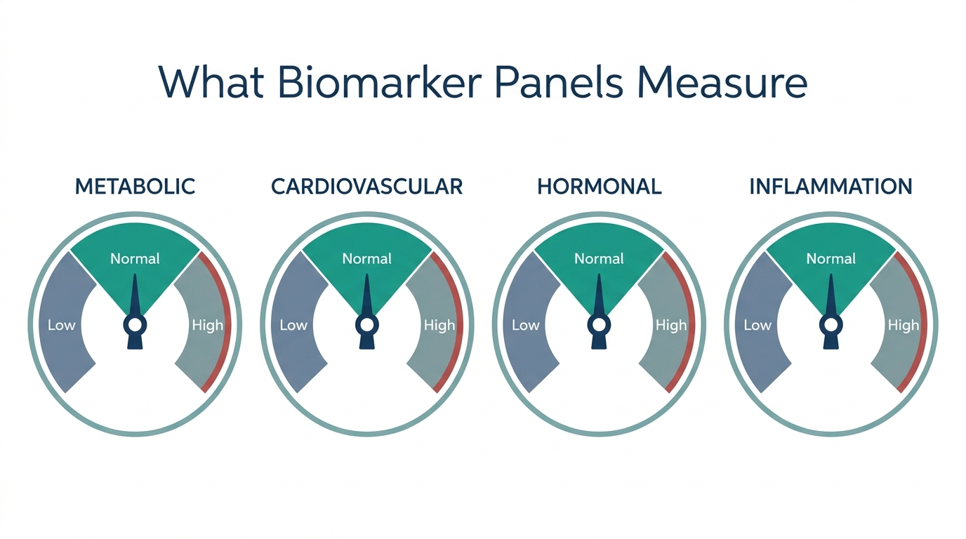Gauge charts illustrating low, normal, and high zones for metabolic, cardiovascular, hormonal, and inflammation biomarker categories