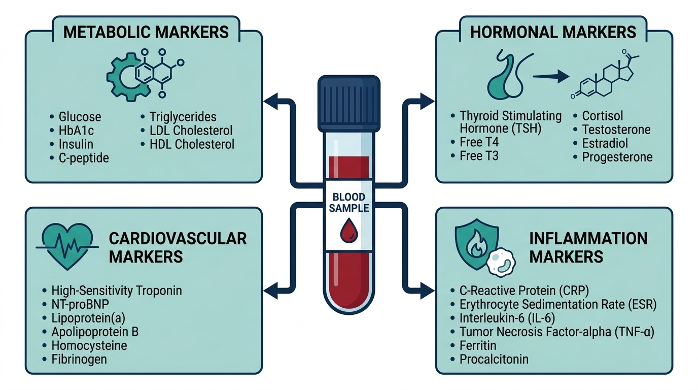 Structured diagram of blood biomarker panel categories: metabolic, hormonal, cardiovascular, and inflammation markers