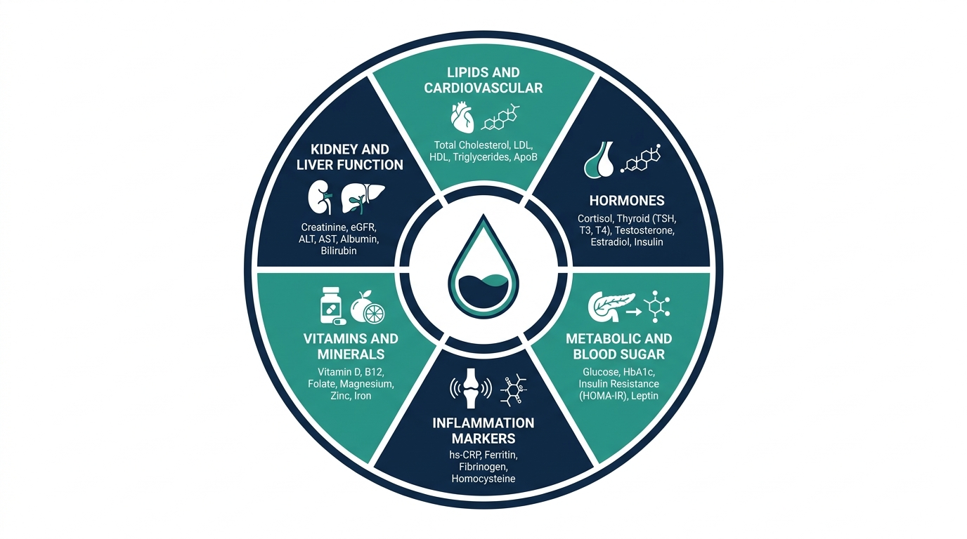 Wheel diagram of biomarker panel categories including lipids, hormones, metabolic markers, inflammation, vitamins, and kidney and liver function