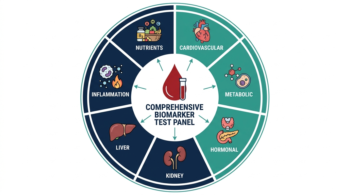 Wheel diagram of organ-system categories covered by a comprehensive biomarker blood test panel