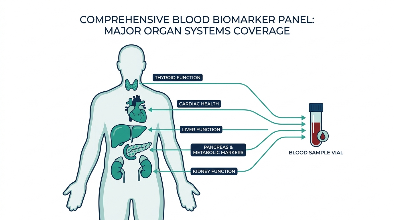 Anatomical diagram showing organ systems covered by a comprehensive blood biomarker panel: heart, liver, kidney, thyroid, and metabolic markers