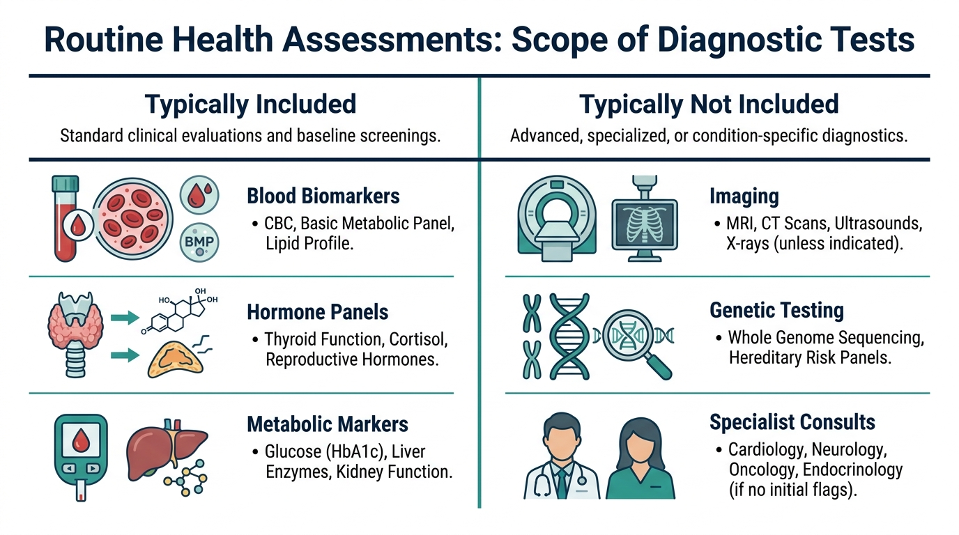 Comparison chart showing what a biomarker panel typically includes versus what it typically does not include, such as imaging or genetic testing
