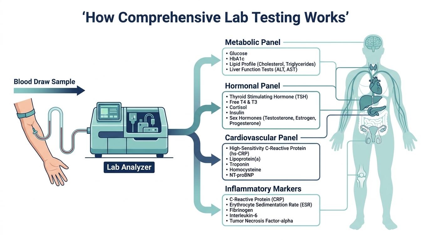 Diagram of a blood sample flowing through lab analysis into metabolic, hormonal, cardiovascular, and inflammatory biomarker panels mapped to the body