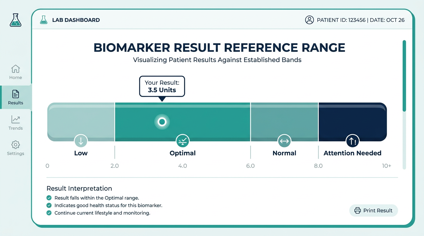 Schematic reference-range bar showing Low, Optimal, Normal, and Attention Needed bands for a lab result