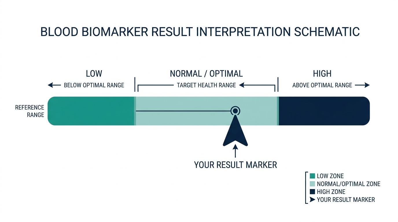 Schematic reference range chart showing low, normal, and high bands for interpreting a blood biomarker result