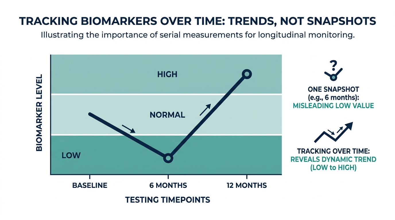 Schematic line chart showing a biomarker tracked across baseline, 6-month, and 12-month retests through low, normal, and high bands