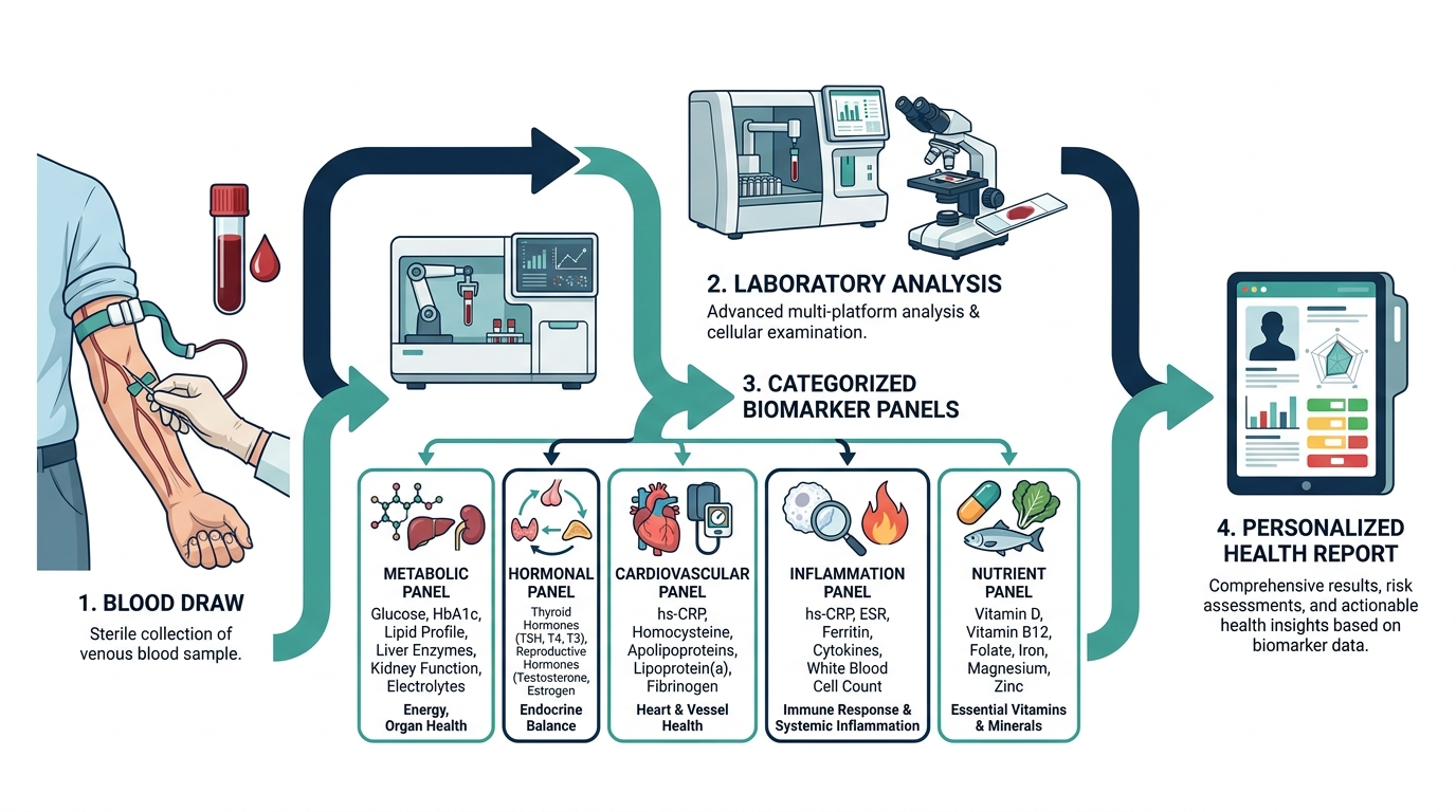 Diagram of the blood biomarker testing process from blood draw to lab analysis to personalized report