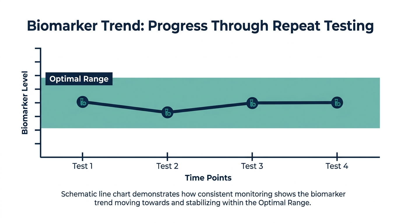 Schematic line chart of a biomarker trend across four test dates moving toward the shaded optimal band