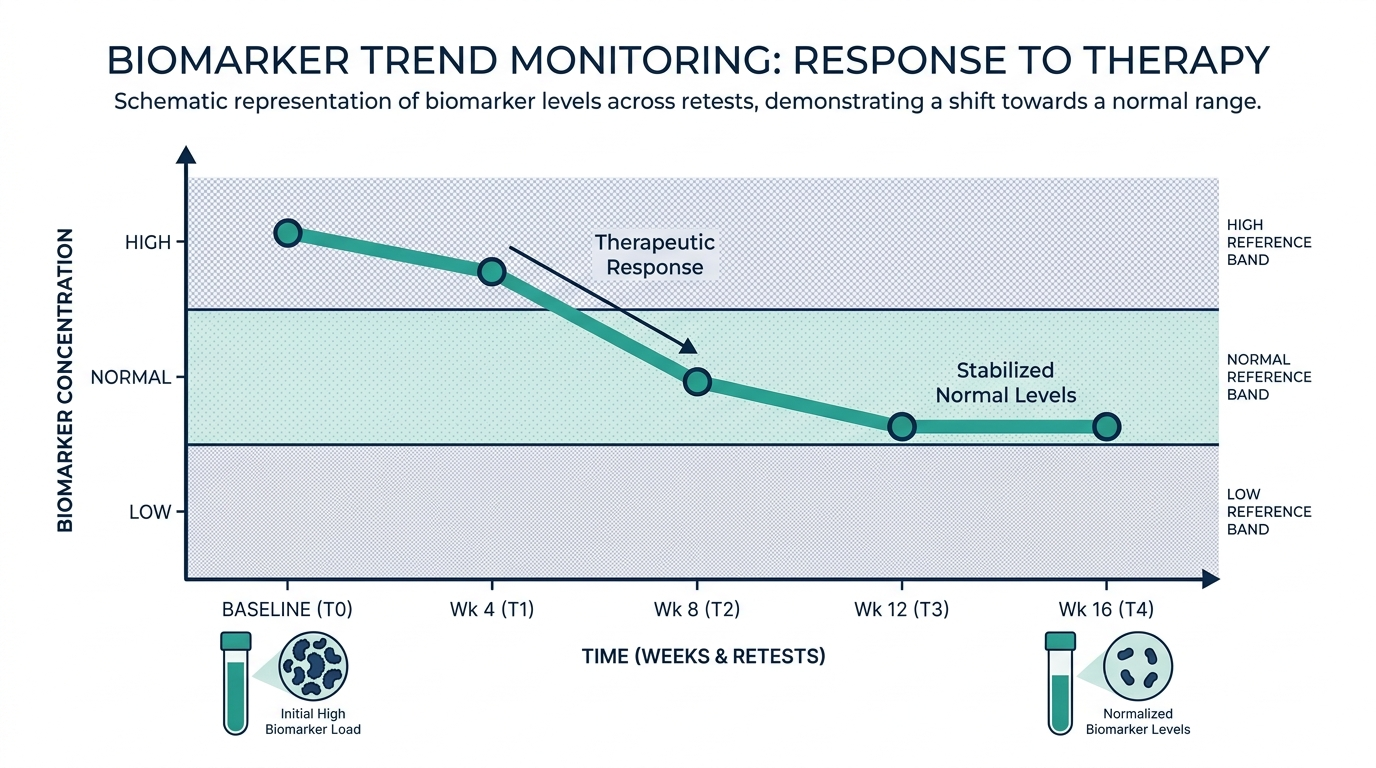 Schematic chart of a biomarker trending from a high band toward a normal band across repeat tests over time